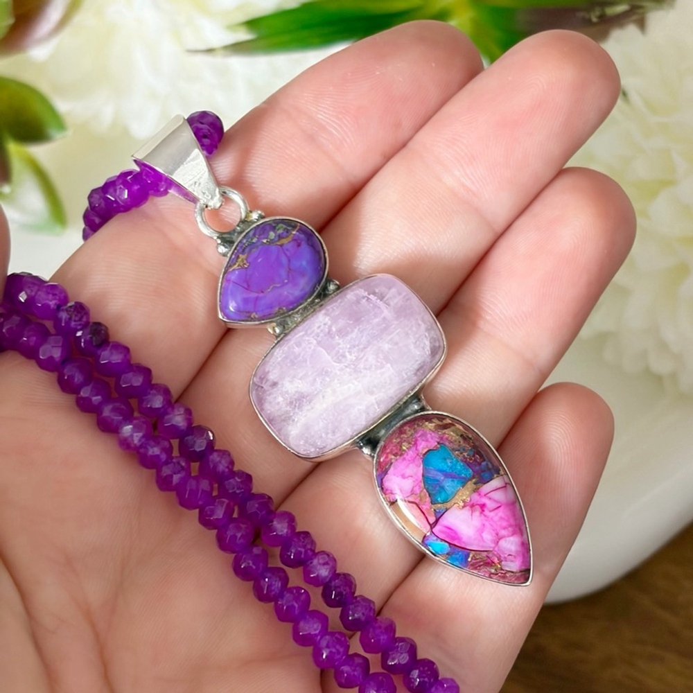 Purple Copper Turquoise Kyanite & Pink Dahlia Turquoise Pendant Southwest 925